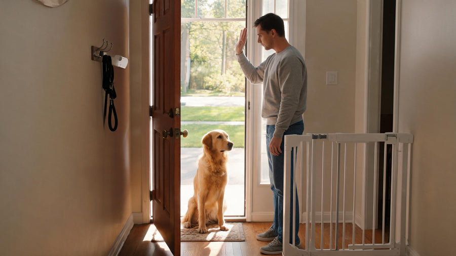 Dog practicing calm behavior at an open front door