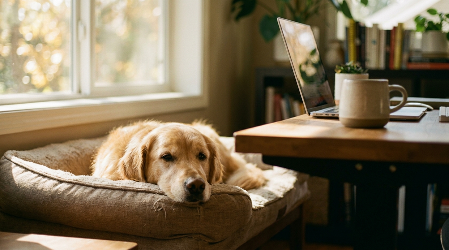 Dog resting calmly beside home office desk