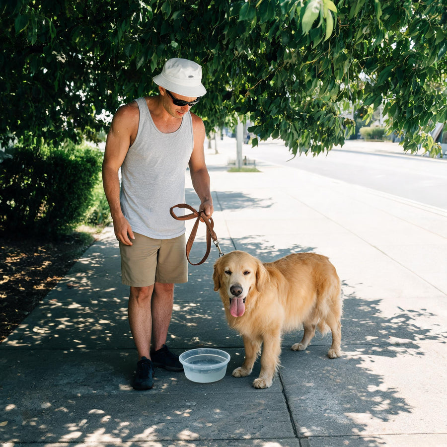 Dog resting in shade during a hot summer walk