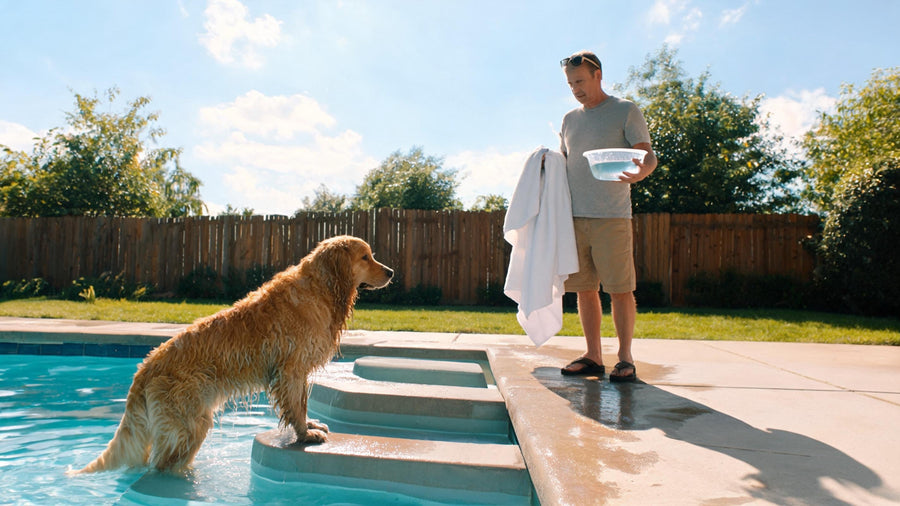 Dog safely exiting a chlorinated pool