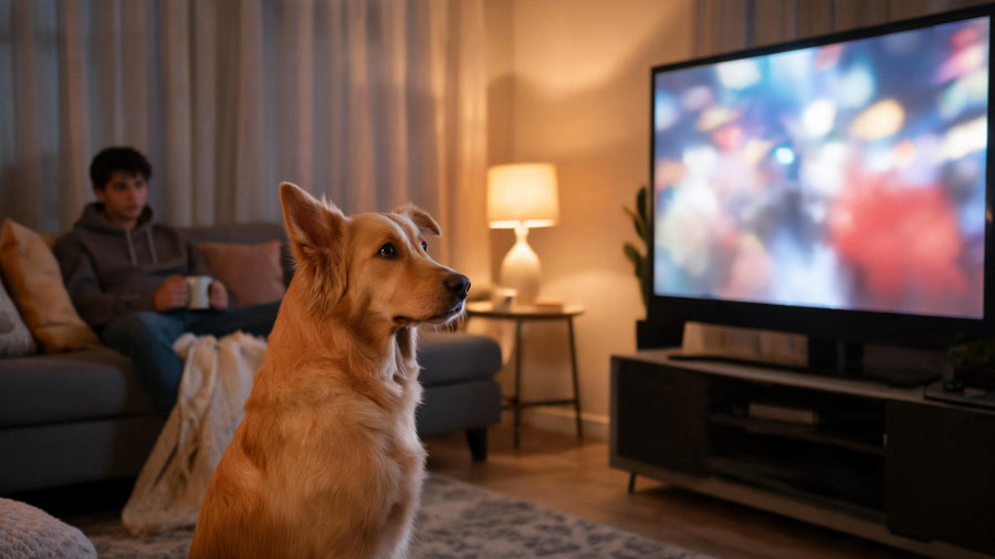 Dog watching movement on a television screen