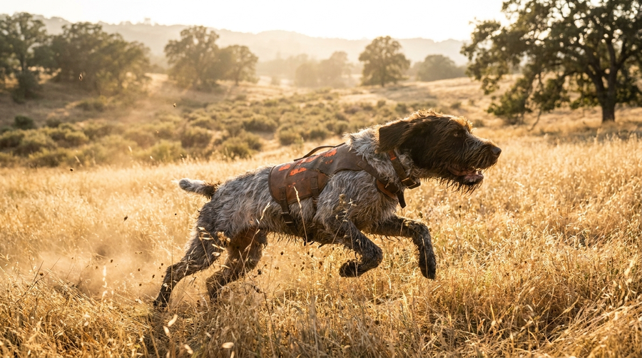 Hunting dog wearing a DBDD tracker working through open field terrain