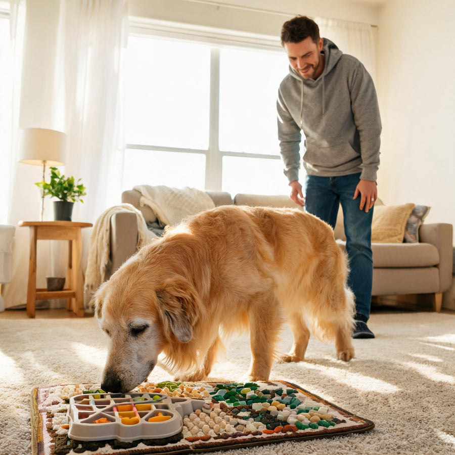 Older dog exploring a new enrichment activity