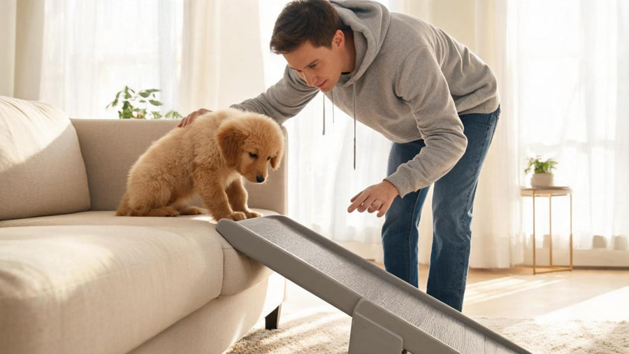 Puppy being guided away from jumping off furniture
