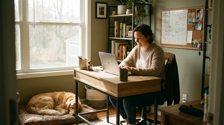 Remote worker at desk with dog resting nearby in sunlit home office