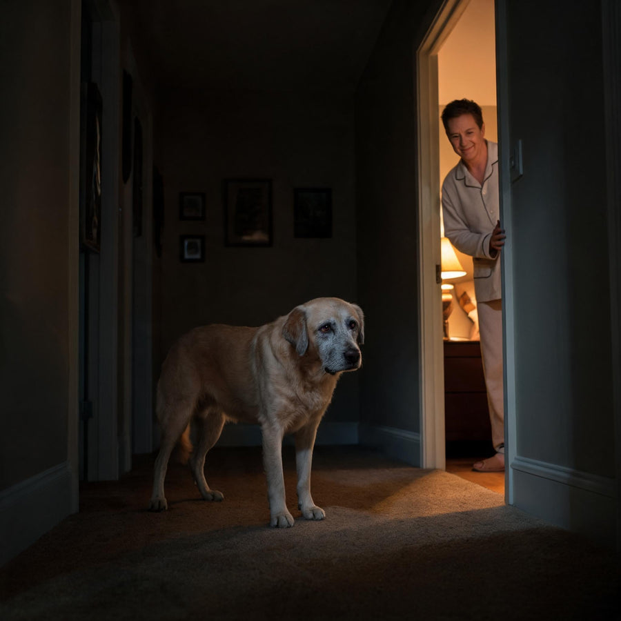Senior dog appearing confused in a hallway at night