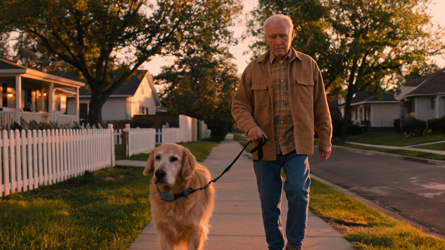 Senior dog walking slowly while owner monitors activity