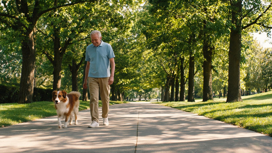 Senior dog walking with owner as part of lifelong care