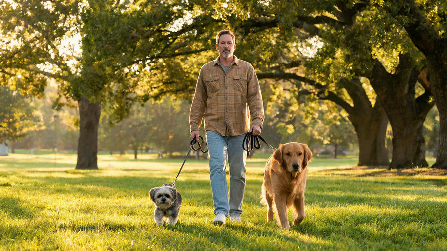 Small and large dogs walking together for size-aware care