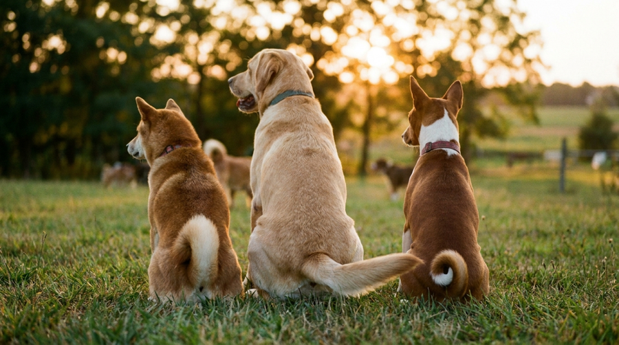 Three dogs with different tail shapes standing side by side in natural lighting