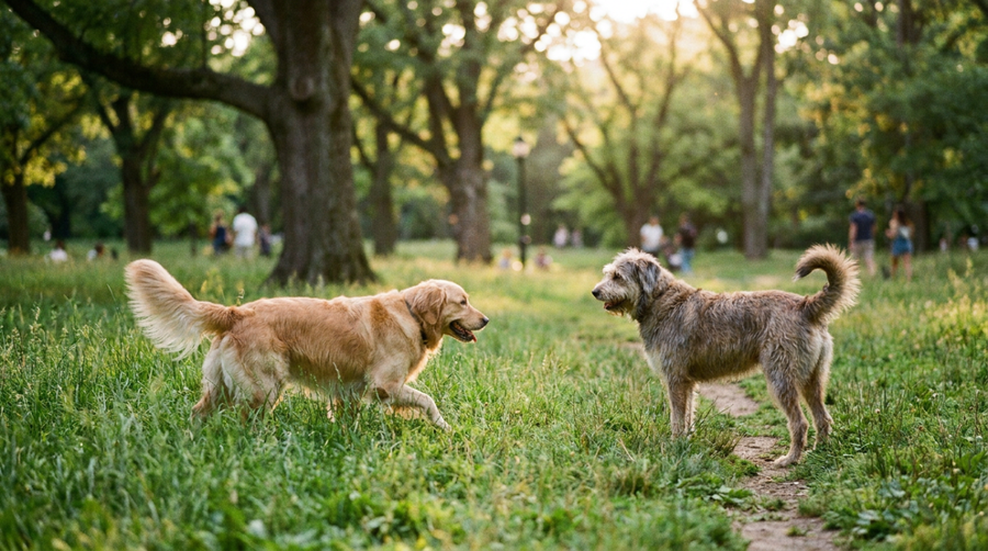 Two dogs meeting in a park with one approaching in a curved path