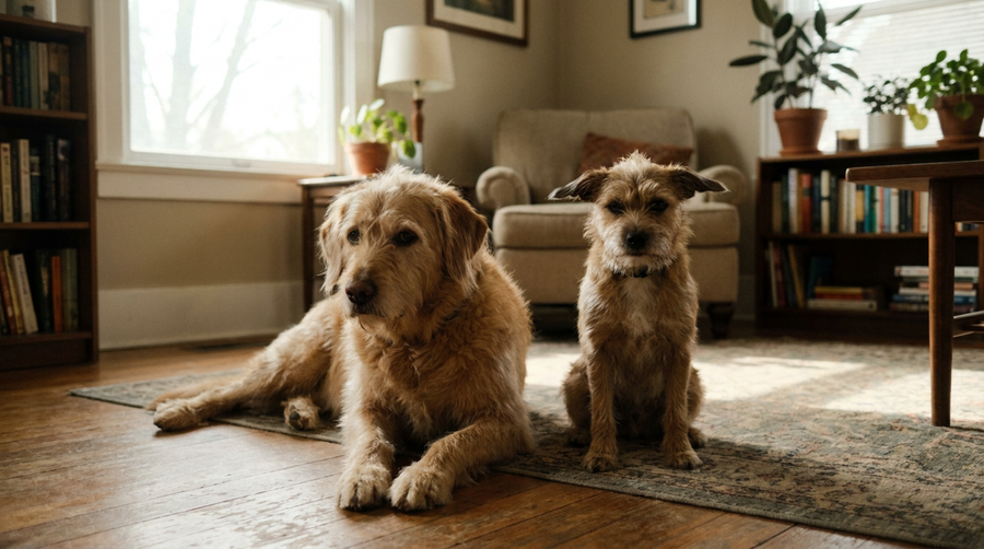 Two dogs sitting together showing contrasting body language