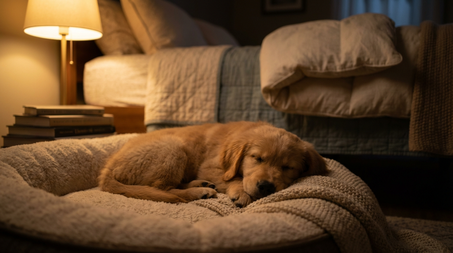 Sleeping puppy curled up beside a human bed at night
