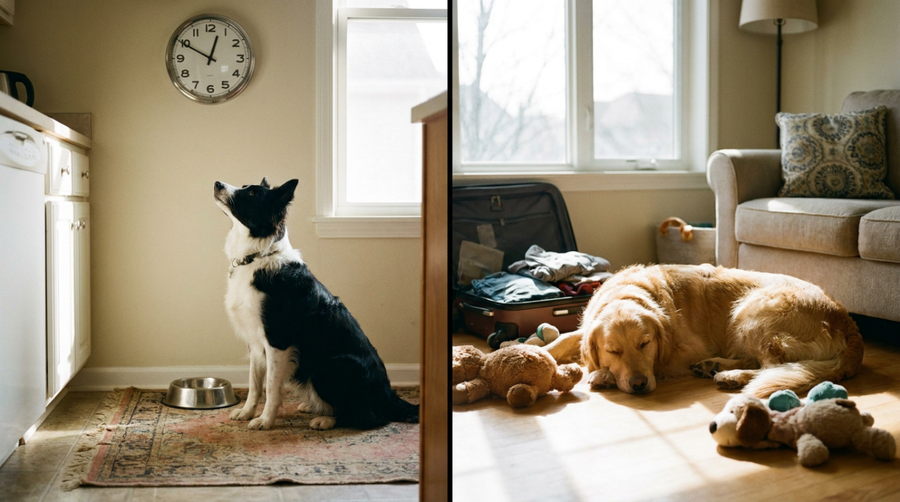 Two dogs displaying contrasting temperaments: one alert and routine-focused, the other relaxed amid household changes