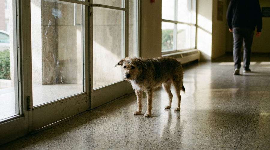 A dog pausing at a lobby entrance with natural lighting