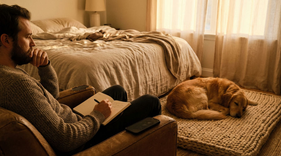 Content dog sleeping soundly beside its owner while wearing a lightweight DBDD GPS night safety collar