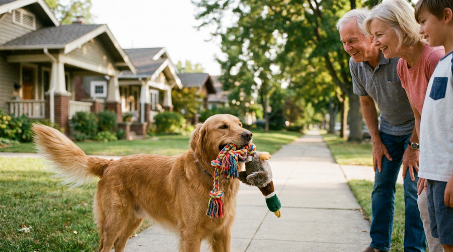 A happy golden retriever carrying toys while greeting people outdoors