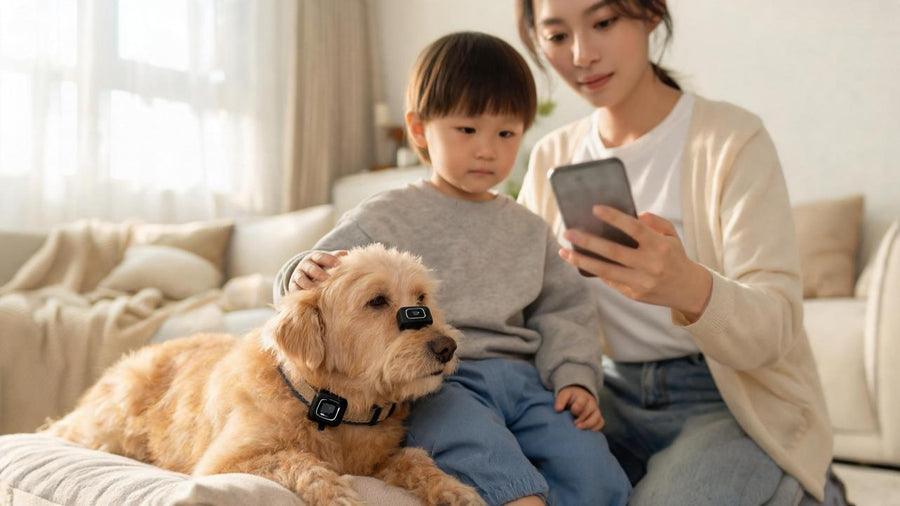 Woman adjusting lightweight DBDD GPS tracker collar on small dog