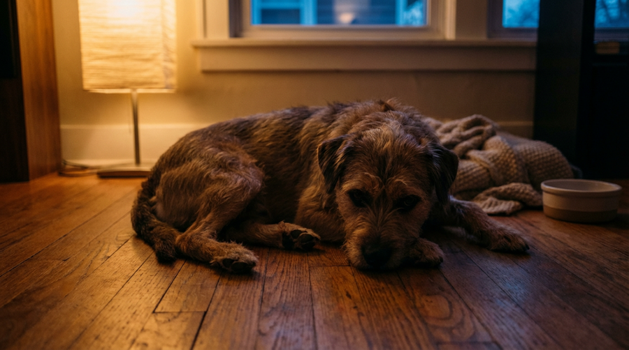 A dog resting comfortably on a soft bed, illustrating common sleeping positions monitored by DBDD devices.