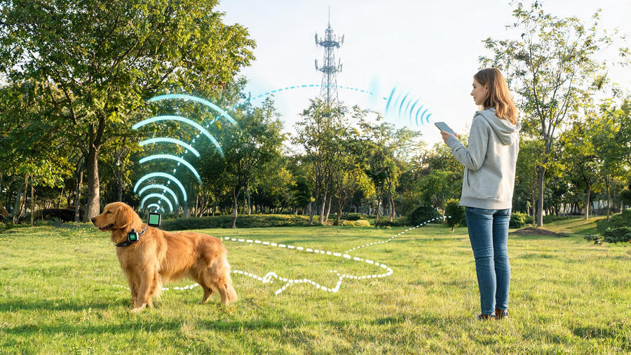 Woman using DBDD remote dog training collar on golden retriever in park with signal waves