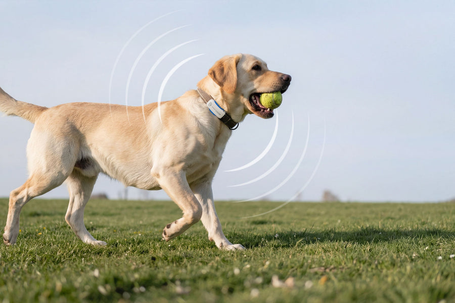 Yellow Labrador Retriever carrying a tennis ball while wearing a DBDD dog GPS tracker collar in a grassy field