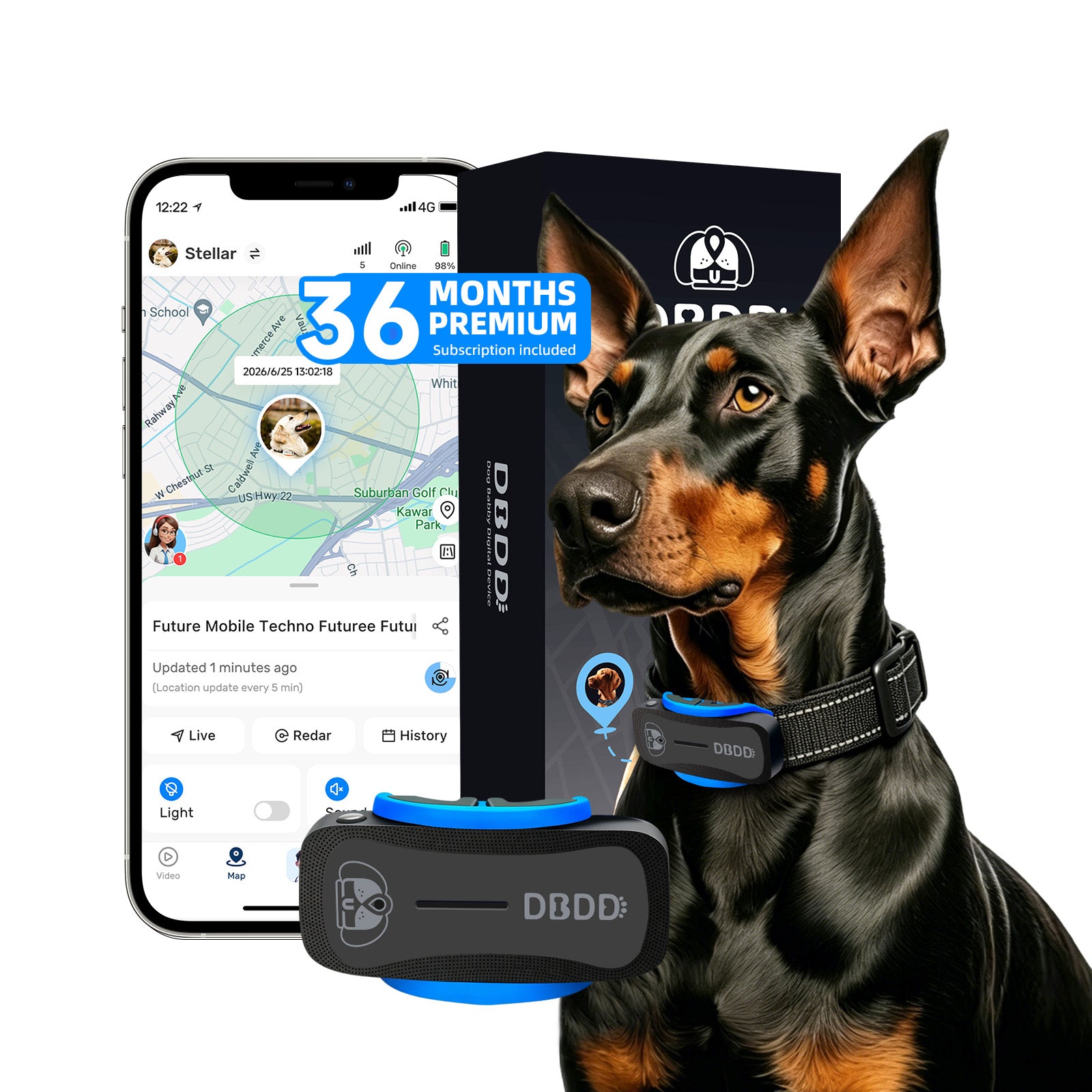 GPS Tracker for Dogs with 36 Month Subscription, Real-Time Location, Electronic Fence, Health Monitoring, Waterproof, for Medium Large Dogs, iOS Android
